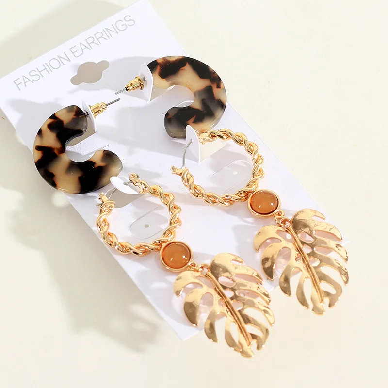 

New Set Style Metal Leaf C Shape Acrylic Drop Earrings for Women Simple Alloy Half Round Dangle Earring Jewelry Party Gifts 2019