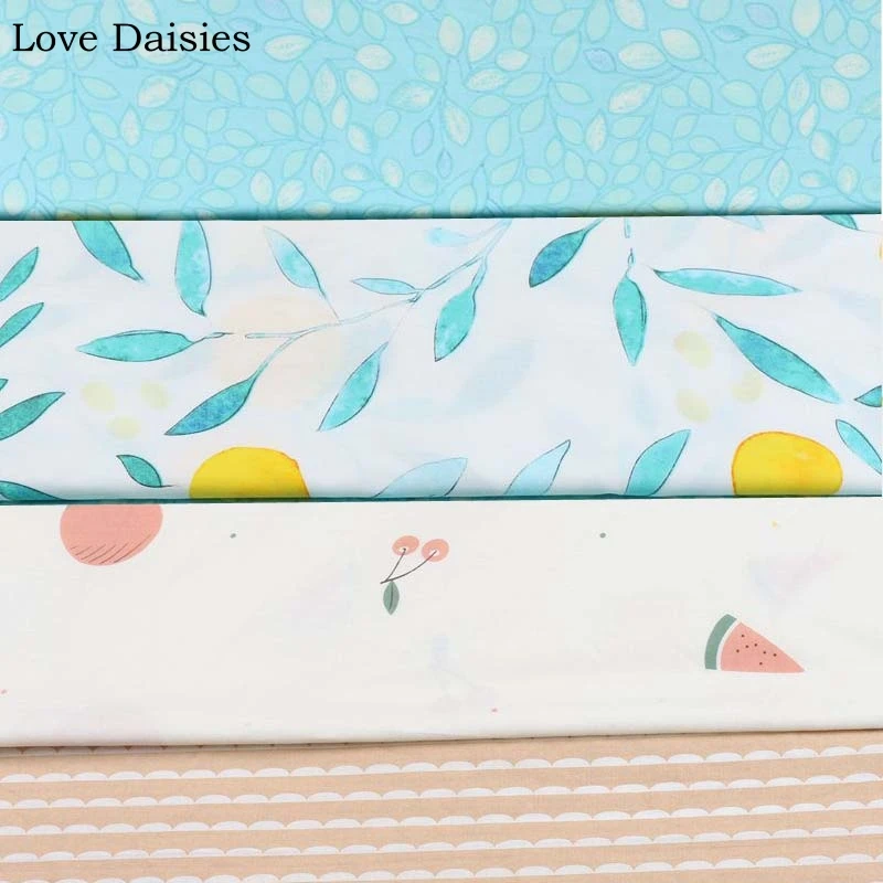 

100% Cotton Width235cm WHITE Fruit Yellow Lemon Blue Leaves Camel Wave Twill Fabric for DIY Bedding Apparel Dress Decor Handwork