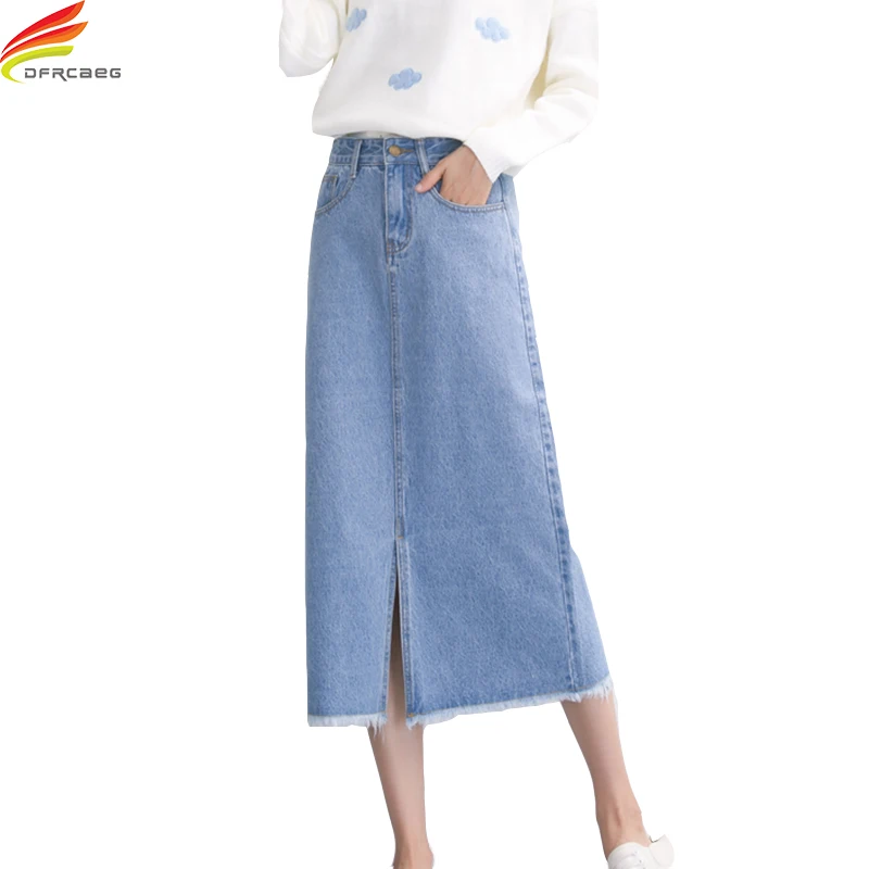 

Jeans Skirt Women 2018 Spring New Arrivals Front Split Blue And Sky Blue Casual Denim Skirts Womens jupe femme longue