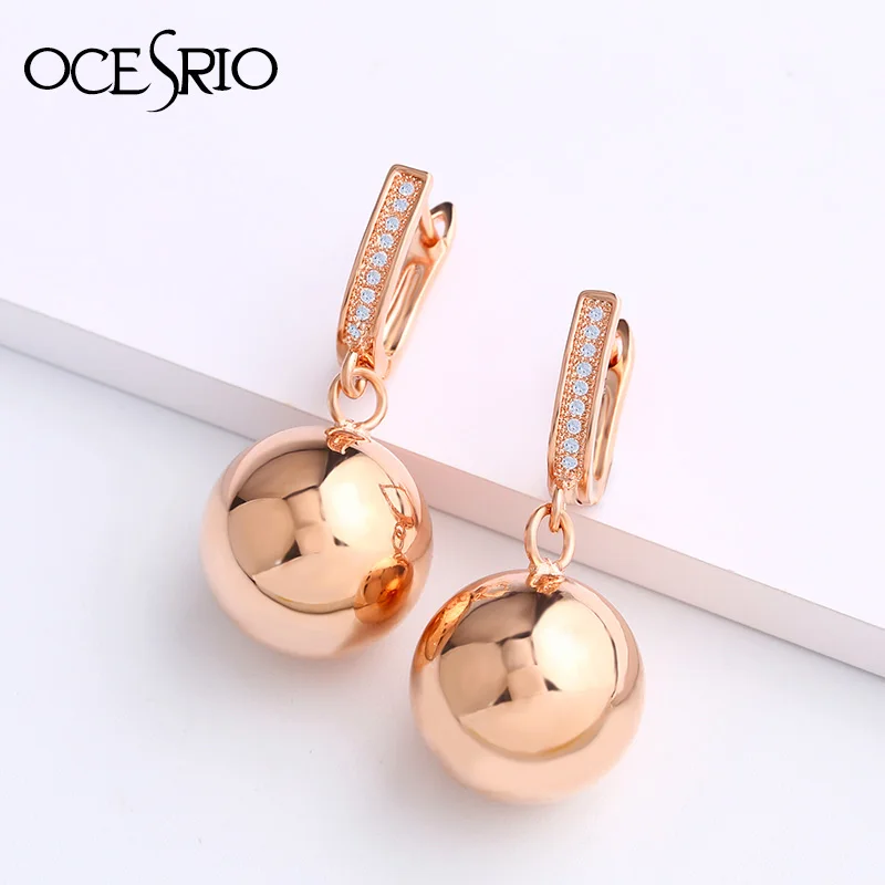 

OCSERIO 2019 New 585 Rose Gold Dangle Earrings Spherical Long Earrings Women Simple Unique Fine Wedding Fashion Jewelry ers-n37