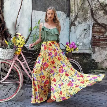 

2 Pieces Suits Button Blouse Floral Skirts Sets Women Sleeveless Ruffles Cami Top Maxi Boho Skirts Romantic Lady Tracksuits