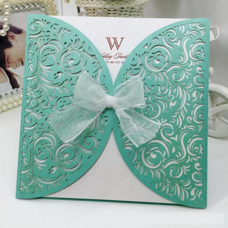 

50pcs/pack Wedding Invitation Card Bow Silk Ribbon Party Birthday Laser Cut Invitation with Envelope Blank Inner Sheet