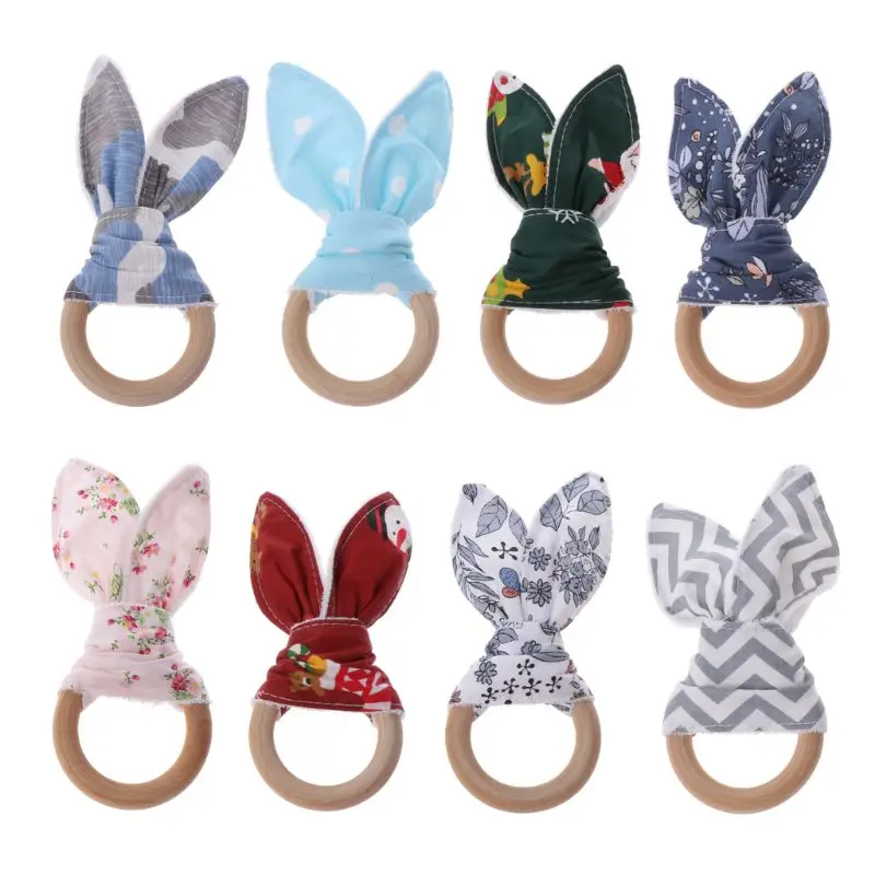 Christmas Baby Bunny Ear Teething Ring Safety Wooden Chewie Teether For Children Kids Baby Care Accessory Shower Gifts