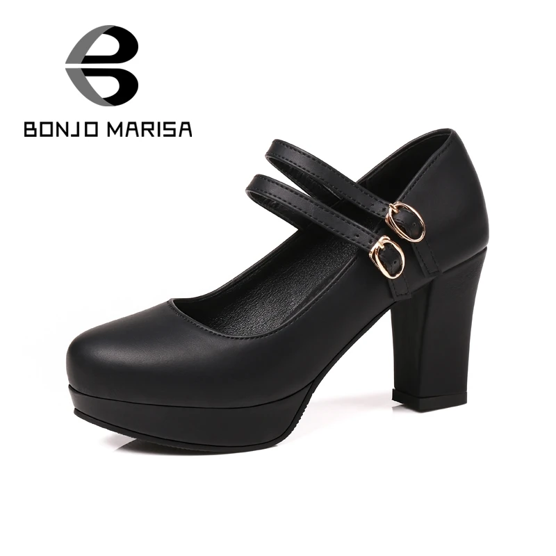 

BONJOMARISA Women's Mary Jane Shoes Woman Vintage Chunky High Heels Platform Party Wedding Pumps Big Size 32-43