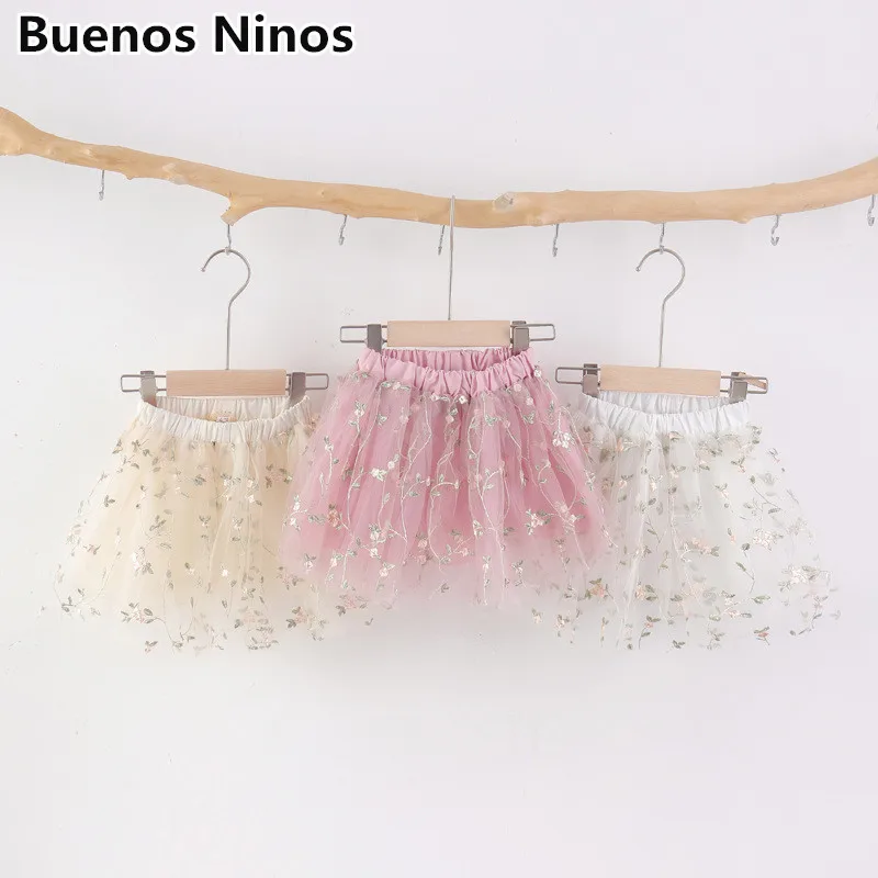 

1-5Y Flowers Embroidered Tulle Skirts Fashion Floral Mesh Tutu Midi Skirt For Girls Children Baby Summer Clothings