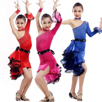 

Red Blue Sequnined GirlsProfessional latin Dance dress Kids Jazz Performance Costumes competition skating Dancewear dresses