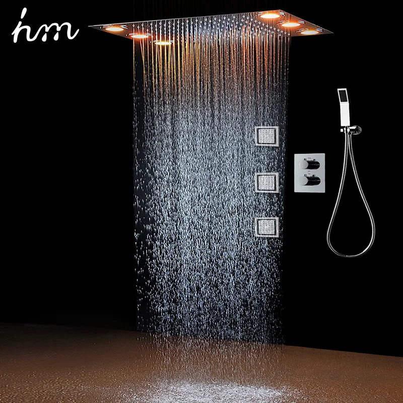 hm Bathroom Ceiling LED Shower Set 360*500mm Rainfall Shower Head Panel Thermostatic Mixer Faucets With 4