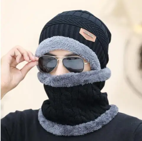 Популярные зимние шапки Skullies Beanies, зимние шапки бини для мужчин и женщин, шерстяной шарф, шапки, Балаклава, маска, шапка, вязаная шапка - Цвет: black 2p