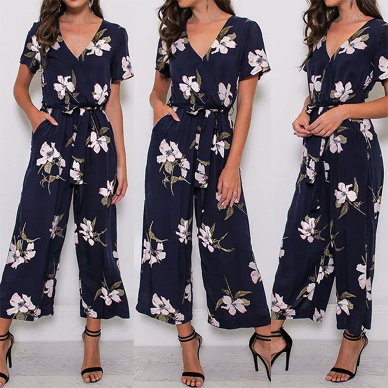 

ZOGAA 2019 Elegant Bodysuits Women Floral Printed Cloak V-neck Beach Summer Overall Playsuit Short Sleeve Lace Up Sexy Jumpsuits