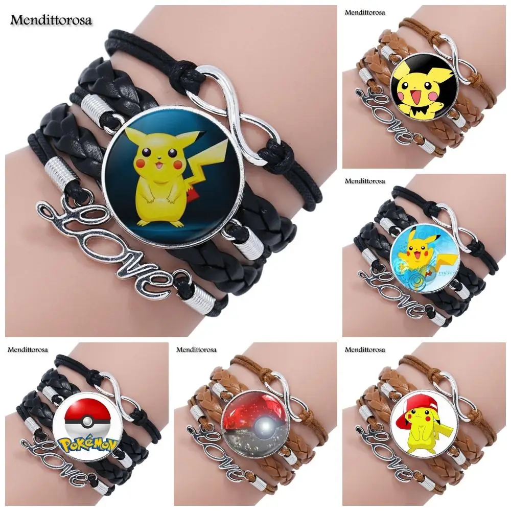 

Mendittorosa Anime Pikachu Pokemon Ball Jewelry Glass Cabochon Multilayer Black/Brown Leather Bracelet Bangle Jewelry