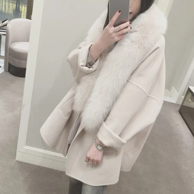 Beige Парки из натурального меха, Зимняя женская шерстяная куртка, Воротник из натурального Лисьего меха, Длинная шерстяная куртка, толстое теплое Женское пальто, женская верхняя одежда - Цвет: Beige