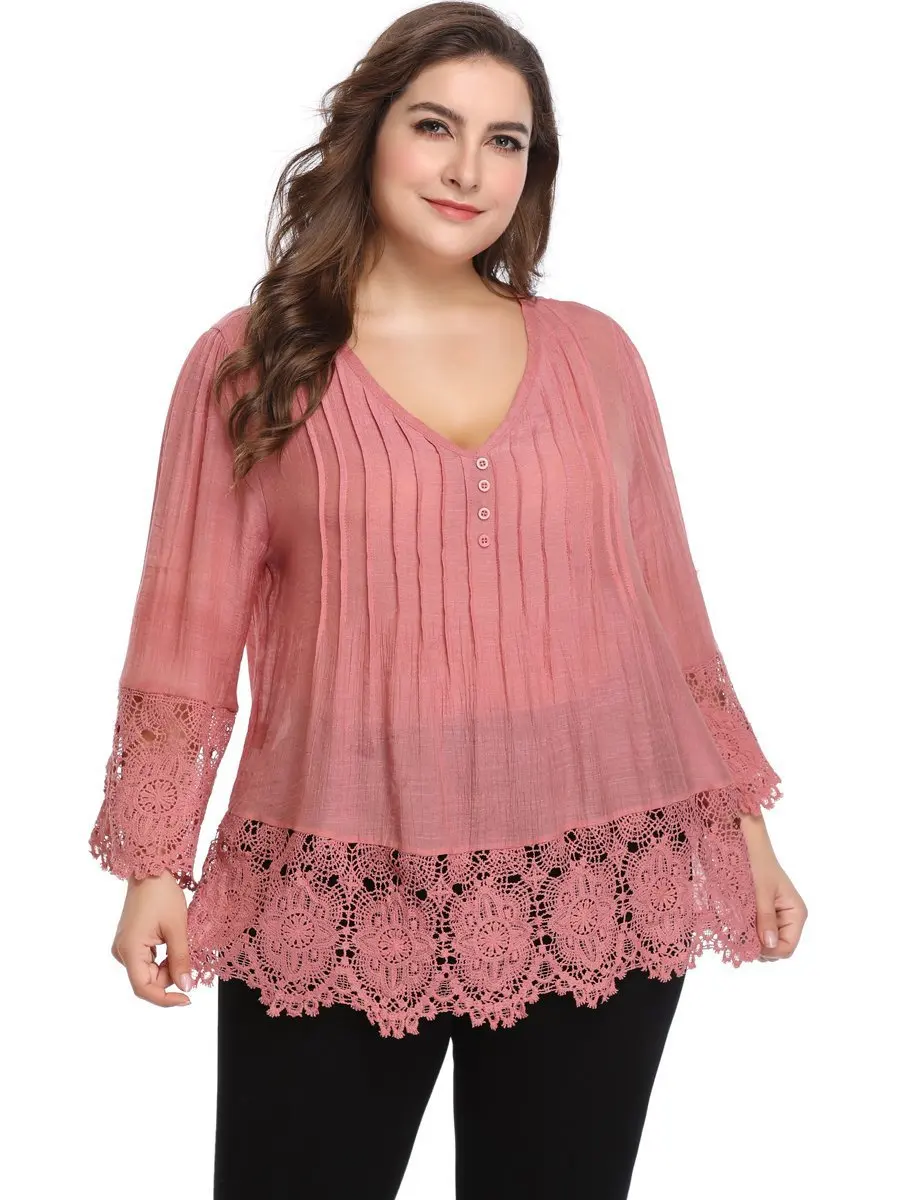 

Plus Size Vintage Blouse Office Ladies Summer Pink Blouse Sexy V Neck Beach Casual Tops Loose Hollow Out Elegant Blouse 2019