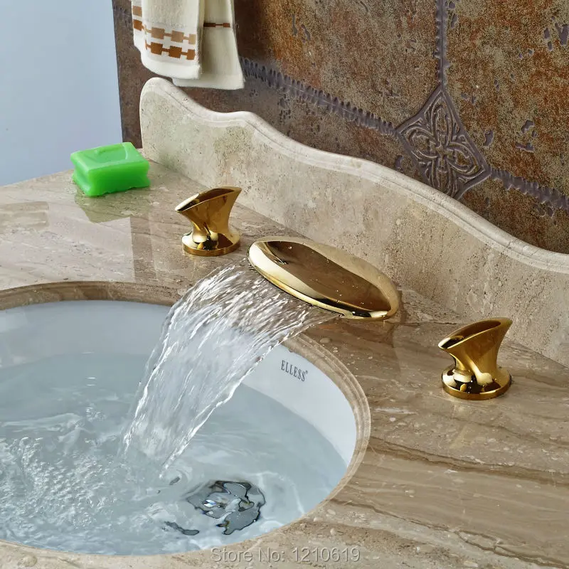 

Uythner Newly Waterfall 3Pcs Basin Faucet Bathroom Sink Mixer Faucet Gold Plate Cold&Hot Water Tap Two Handles