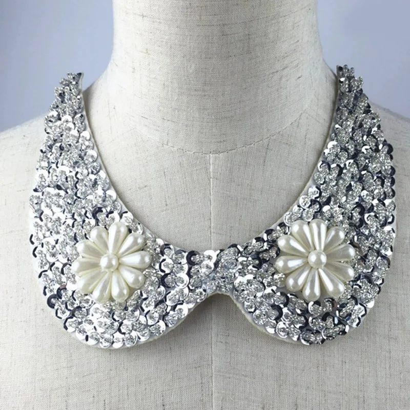 New 3D Silver Lace Neckline Collar Venise Sequin Floral Embroidered