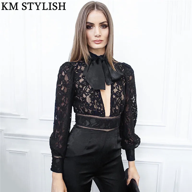 Australian Tide Brand 2018 Fall Winter New Sexy Deep V-neck Lace Bow Halter Tights Small Feet Slim Black Jumpsuit