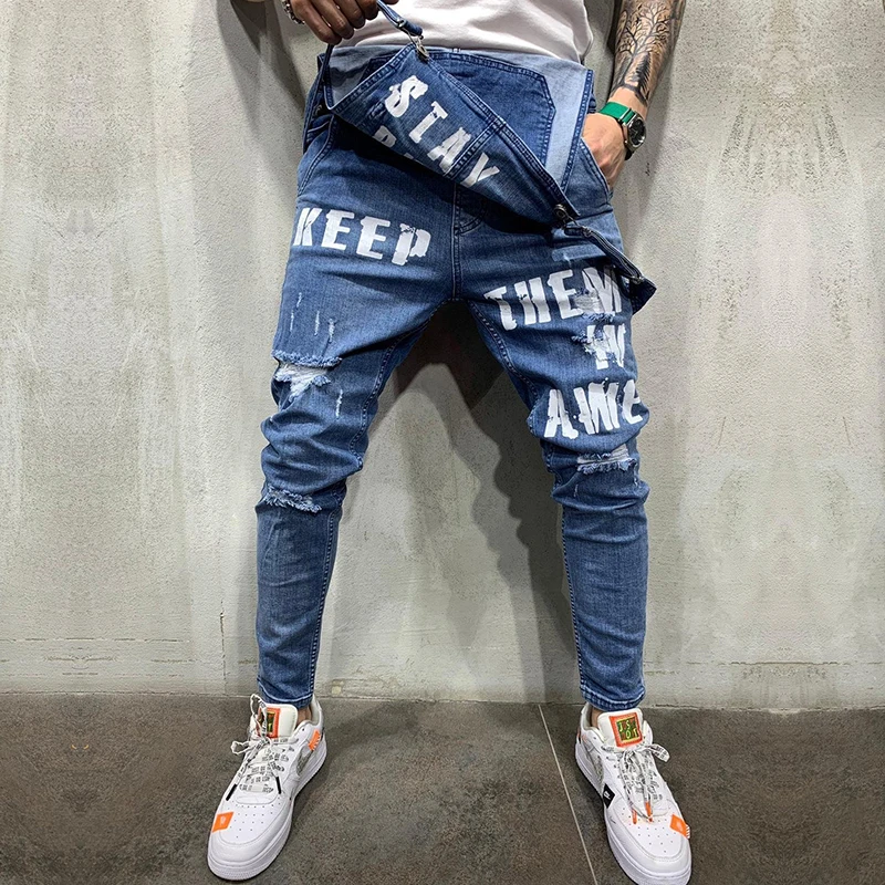 2019 New Fashion Men s Ripped Jeans Jumpsuits Shorts Summer Hi Street Distressed Denim Bib Overalls 4