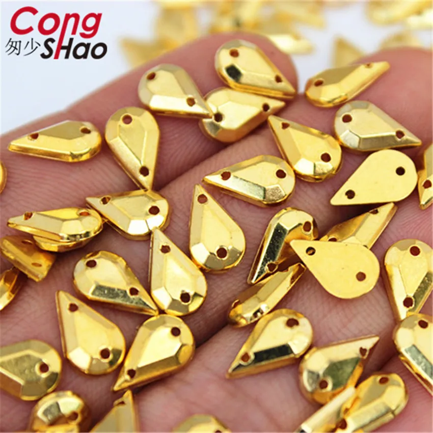 Cong Shao 100Pcs Gold Color Clear AB Drop Acrylic flatback Rhinestone stones and crystals sewing 2 Hole DIY Garment Button WC220 | Дом и сад