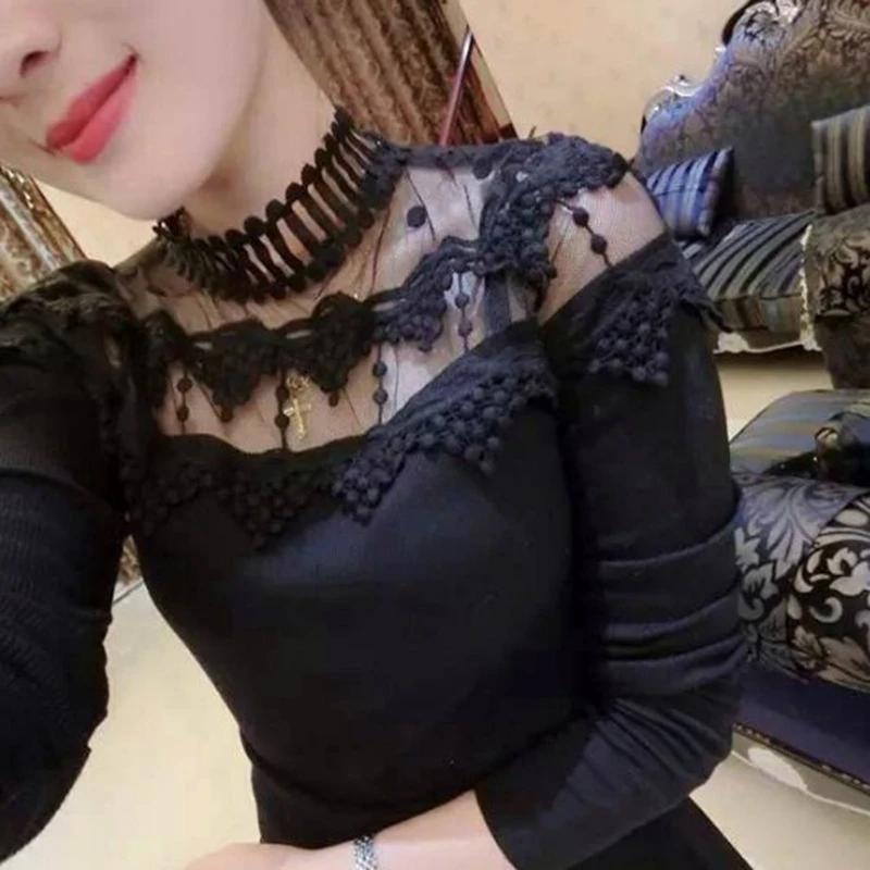 

Sexy Women Knitted Shirt Fashion Lace Tops Floral Embroidery Hollow Turtleneck Slim Stretch Solid Blouse
