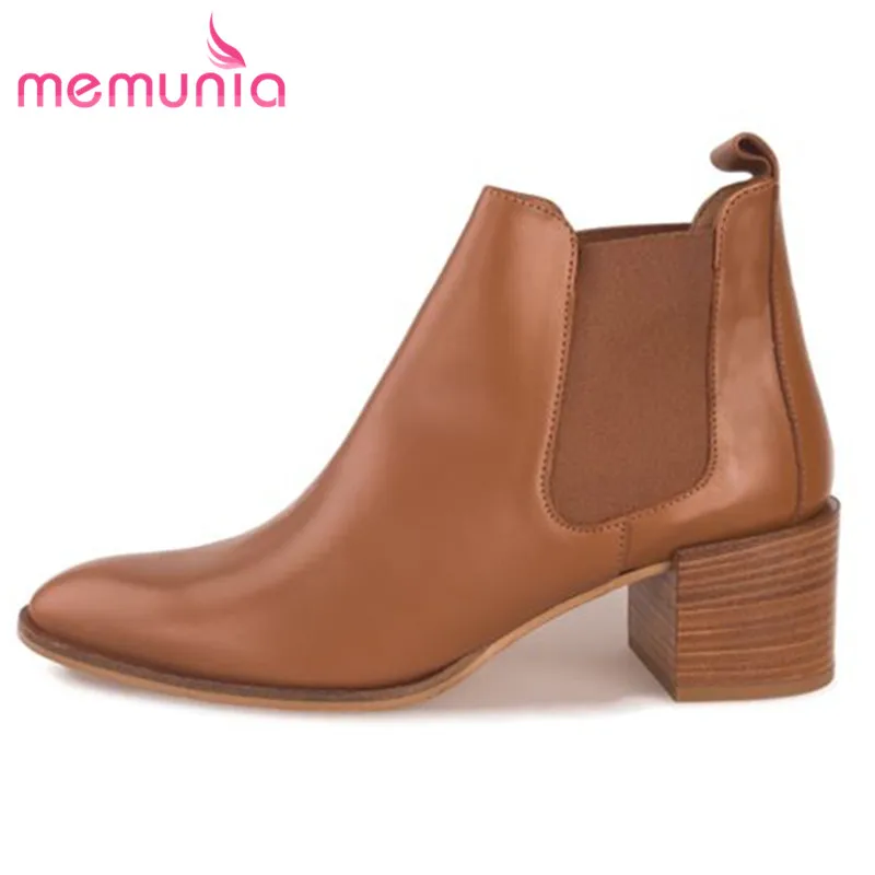 

MEMUNIA hot sale genuine leather boots women round toe square heels autumn winter lady boots fashion ankle boots woman shoes