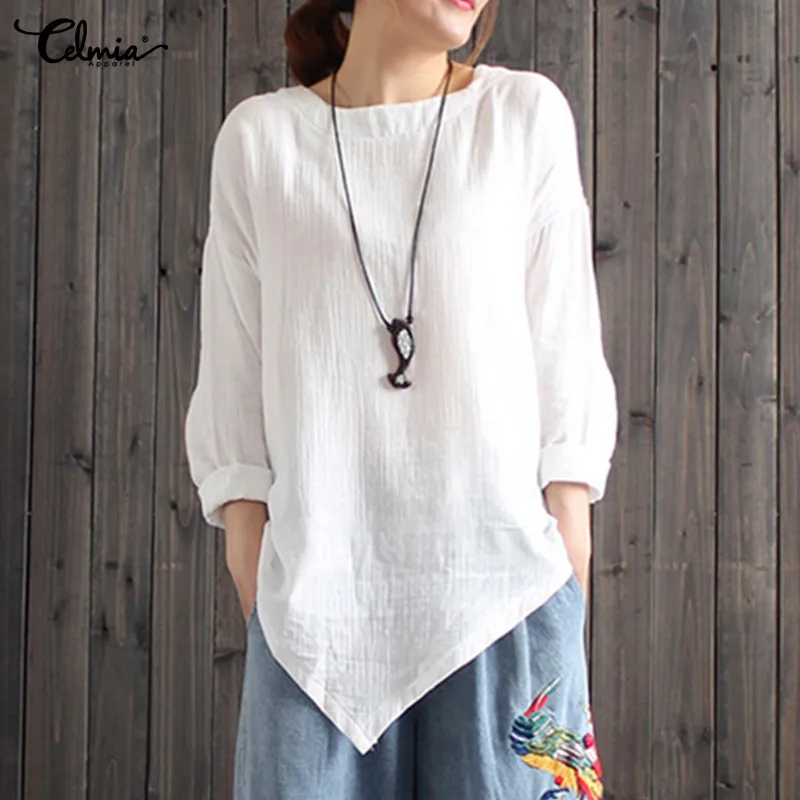 Celmia 2018 Autumn Blusas Women Cotton Linen Blouse White Tunic Top ...