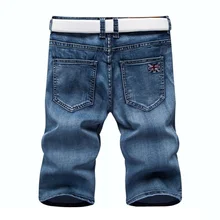 Летние новые хлопковые джинсовые шорты мужские джинсы бермуды карман до колена однотонные синие царапины мужские короткие брюки с вышивкой