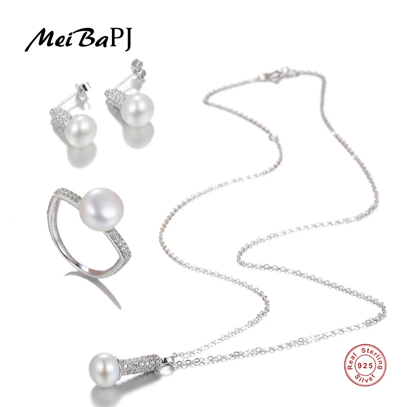 

MeiBaPJ 925 Sterling Silver Screw Bulb Jewelry Set Genuine Freshwater Pearl Earrings/Ring/Pendant Necklace For Women
