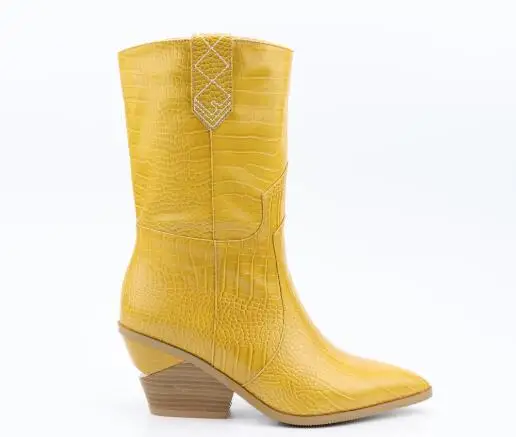 Выбитая микрофибра, короткие женские сапоги на платформе, средний каблук, брендовая дизайнерская обувь, острый носок, золотистый, серебристый цвет, Botas Mujer, Подиумные ботиночки - Цвет: Цвет: желтый