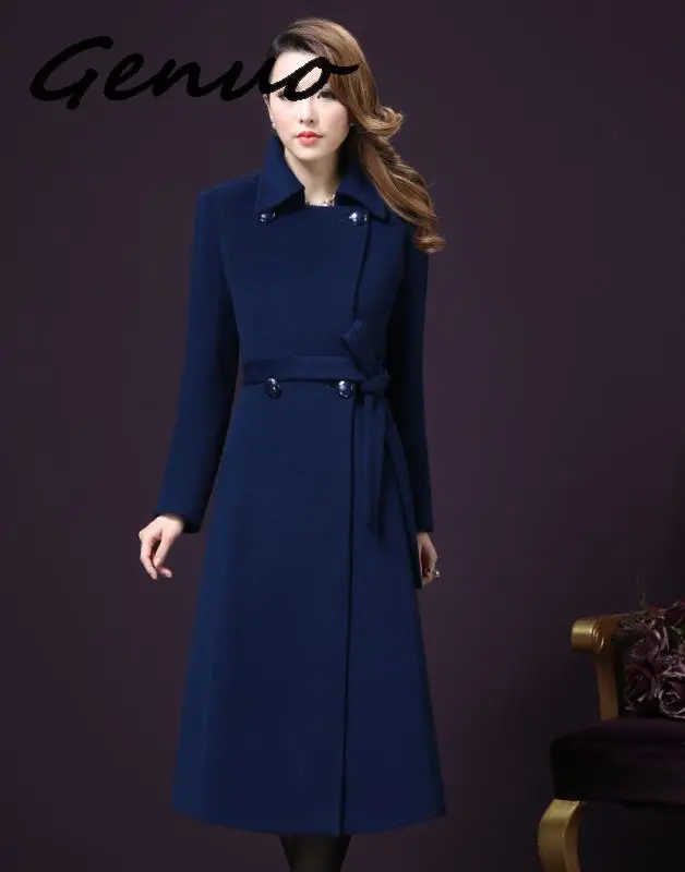 Genuo 5XL, плюс размер, осенне-зимнее шерстяное пальто для женщин, Кашемировое шерстяное пальто, новинка, высокое качество, верхняя одежда, манто, длинное, femme hiver - Цвет: Dark blue