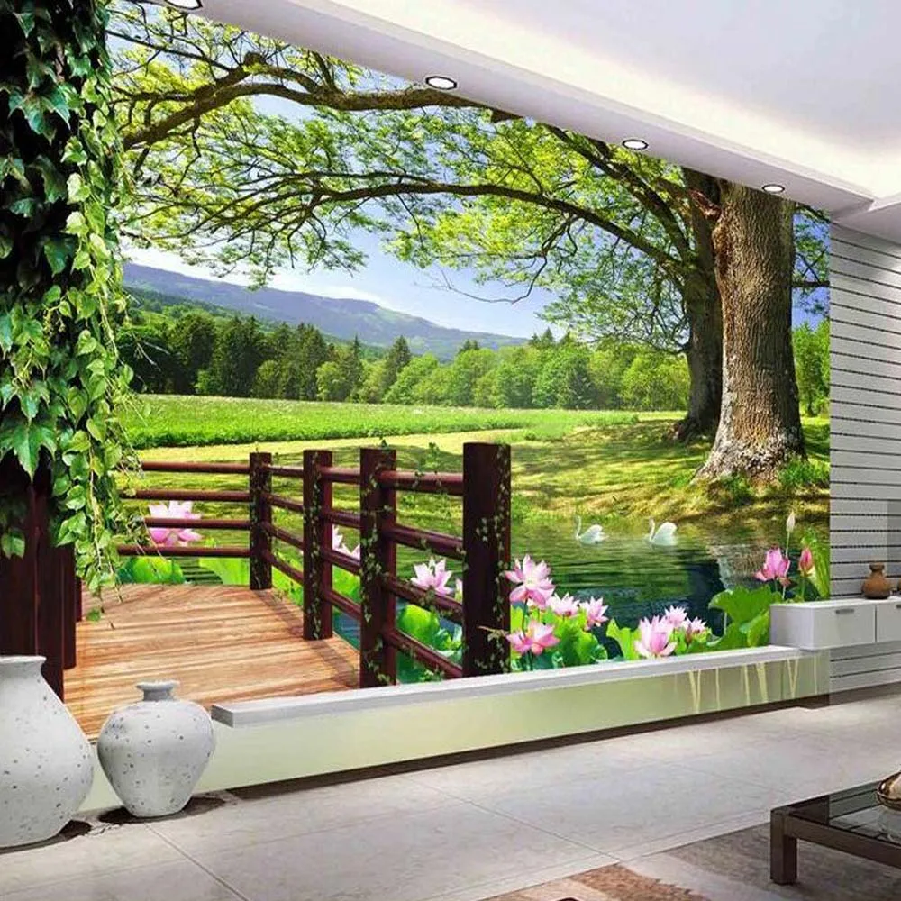 3d Modern Green Tree Flower Photo Mural Wallpaper For Living Room