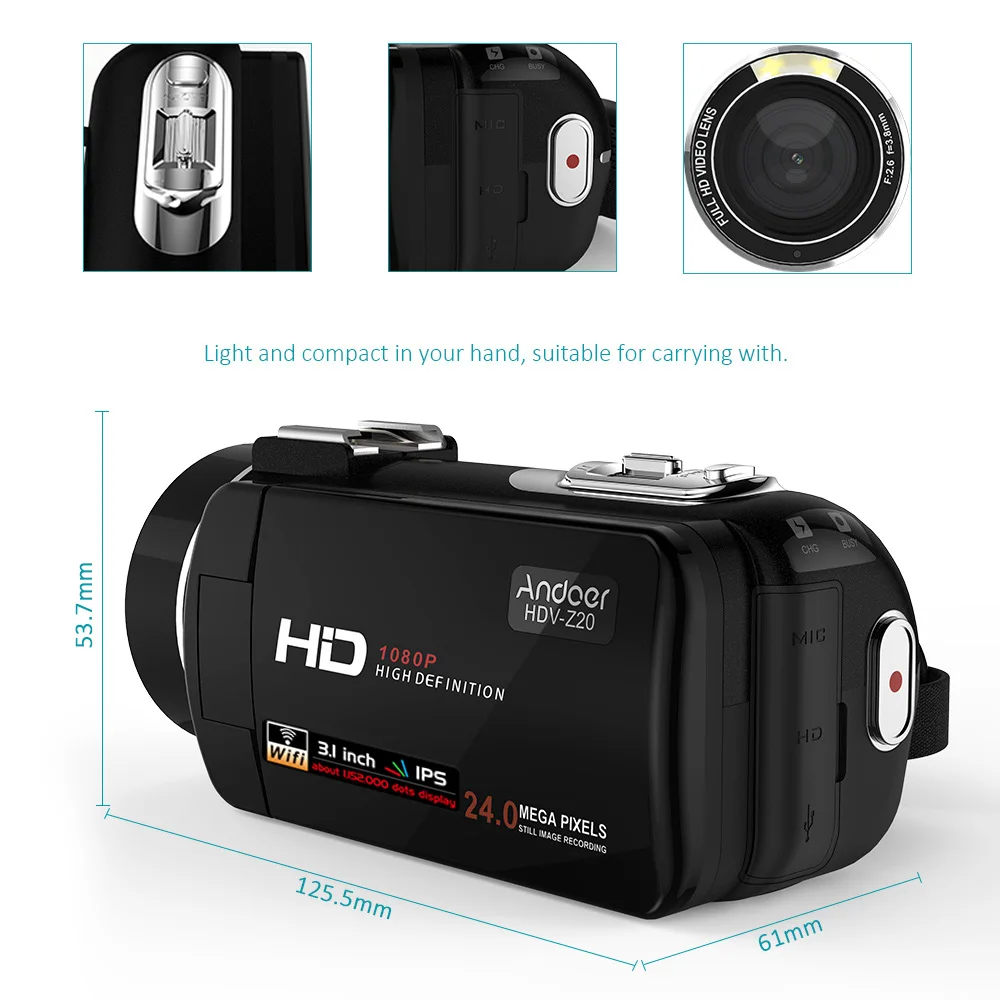 Andoer HDV-Z20 портативная видеокамера 1080P цифровые видеокамеры Full HD сенсорный экран WiFi Пульт дистанционного управления профессиональная видеокамера