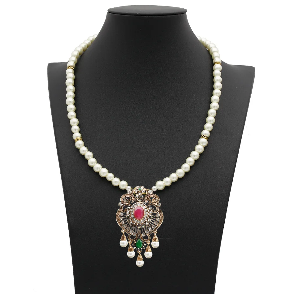 Vintage Flower Strand Bead Pendant Necklace Set Women Antique Simulated-pearl Chain Turkish Bridal Indian Wedding Resin Jewelry - Image 5