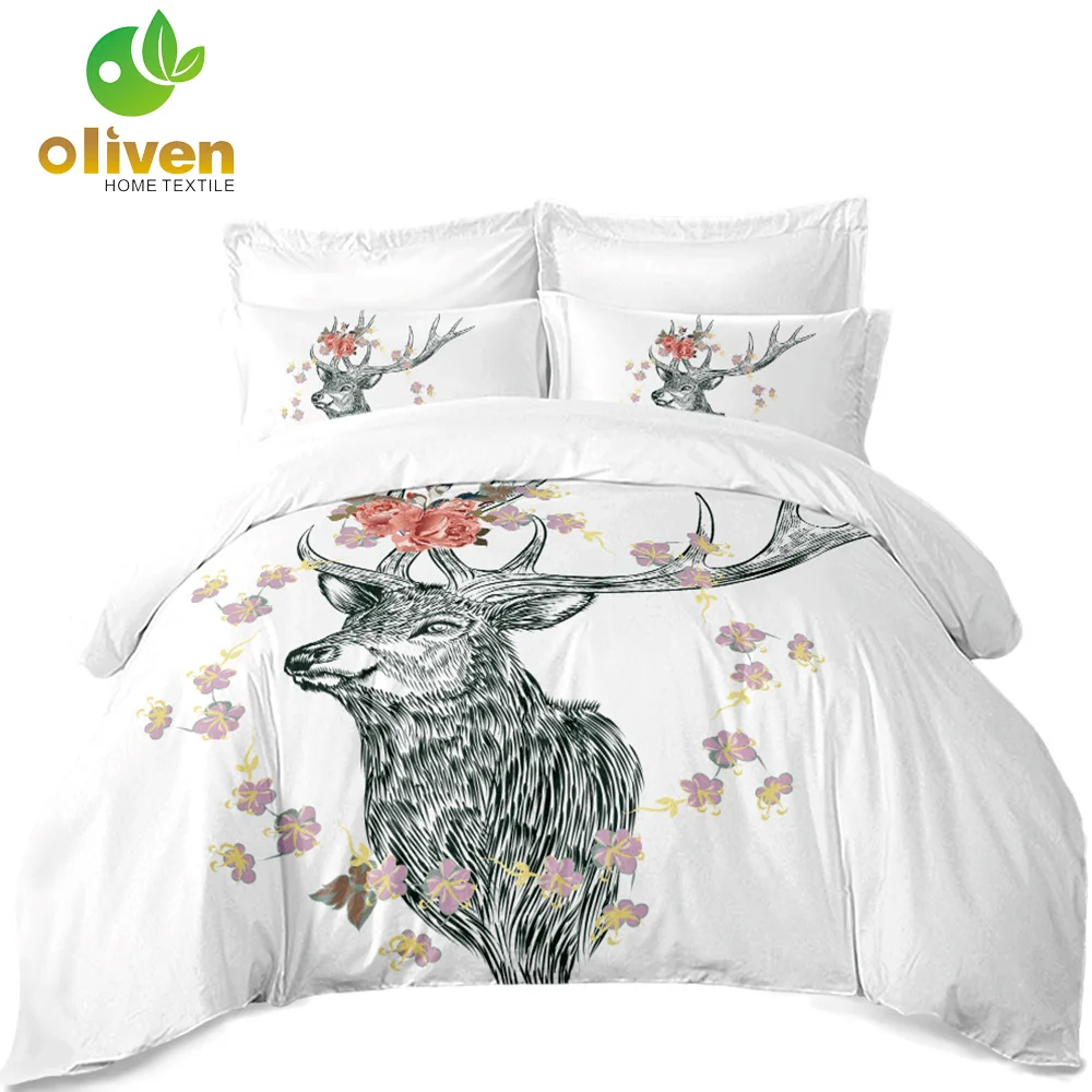Christmas Deer Print Bedding Set Animal Print Duvet Cover Set Queen