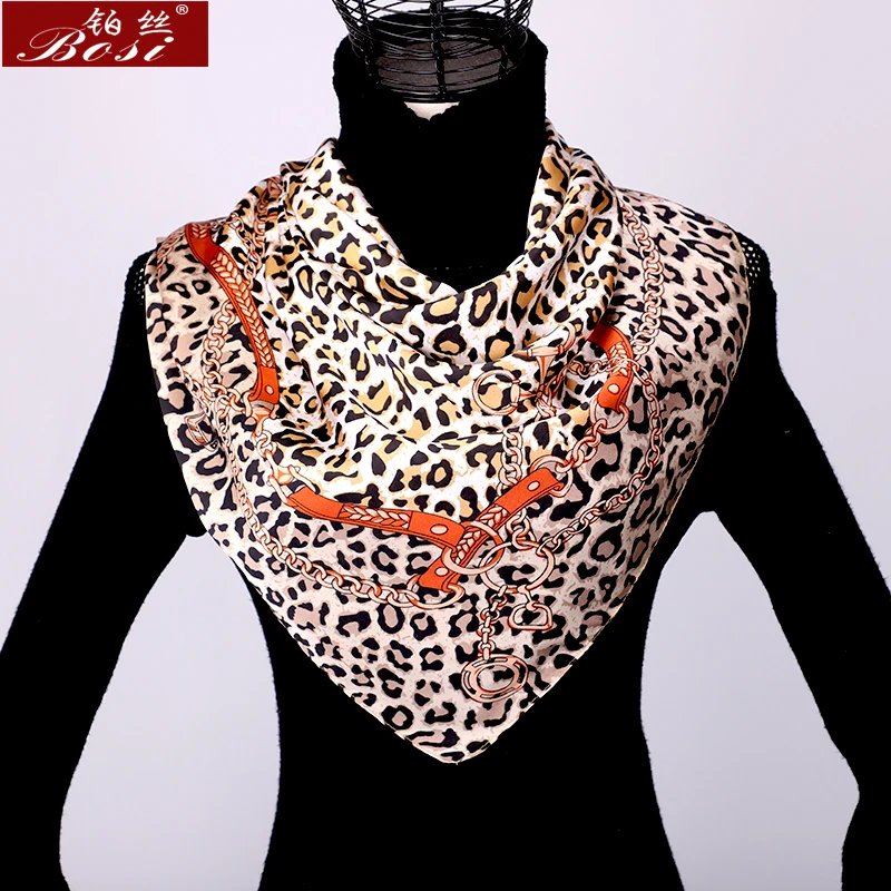 Шарф Шелковый Леопардовый принт женские квадратные цветочные шарфы-шали зимние атласные этнические sjaal цепь на полосе шарфы люксового бренда foulard