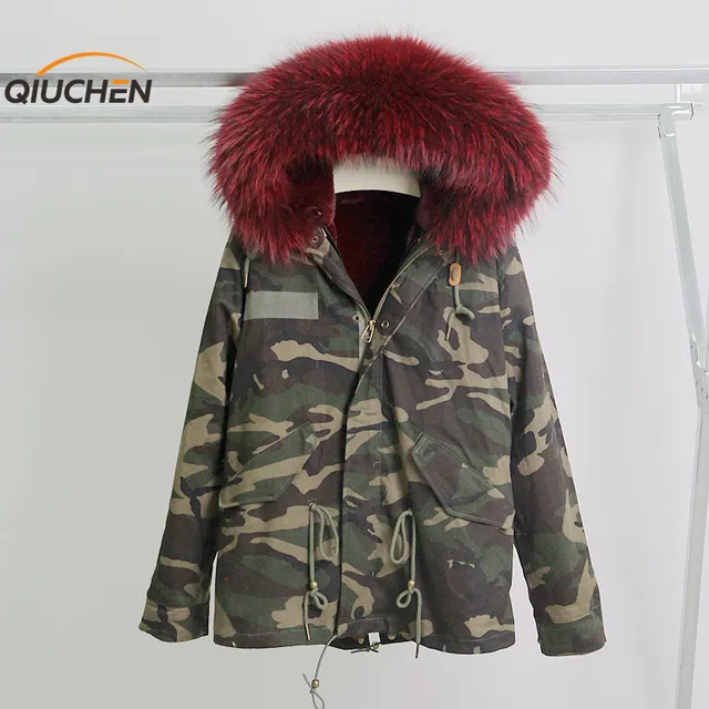 Cheap free shipping New arrival camoflage parka with fur faux fur lined parka with plus size big real raccoon collar 