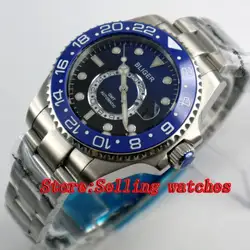 43 мм bliger Нержавеющая сталь чехол синий и черный циферблат Керамика Безель световой Механические Мужские наручные часы