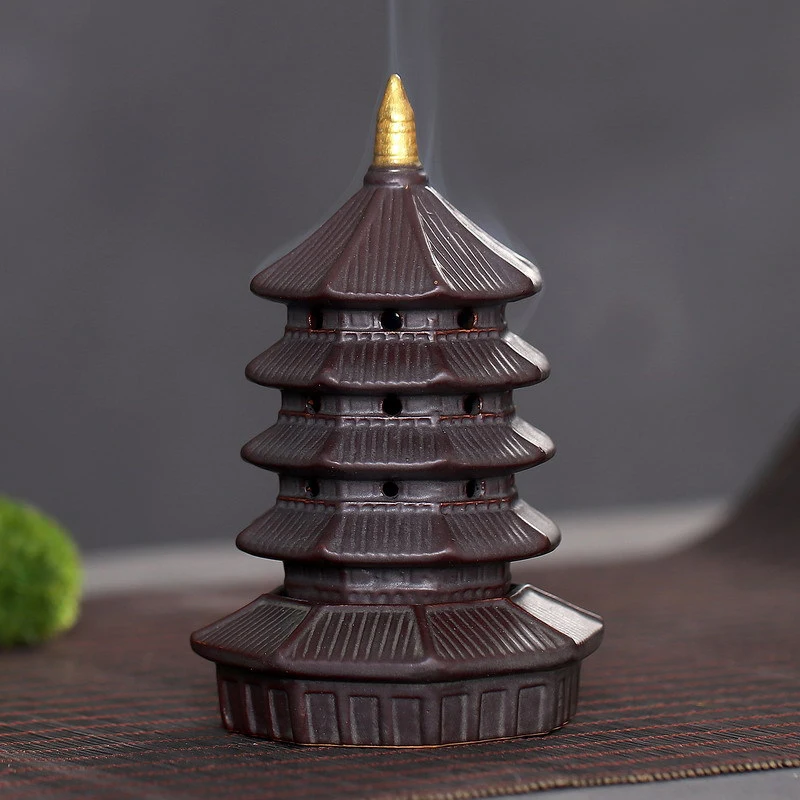 

Ceramic Incense Burner Home Interior Incense Road Decoration Octagonal Pagoda Tower Cone Incense Burner + 10Pcs Incense Cones