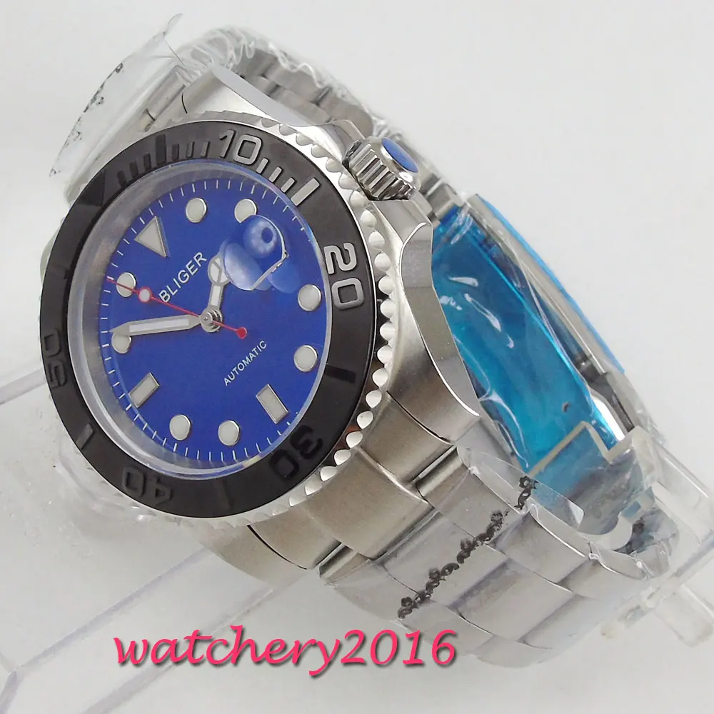 

New Arrive 40mm Bliger Blue Dial Rotating Ceramic Bezel Sapphire Glass Luminous Hands Steel Case Automatic Movement men's Watch