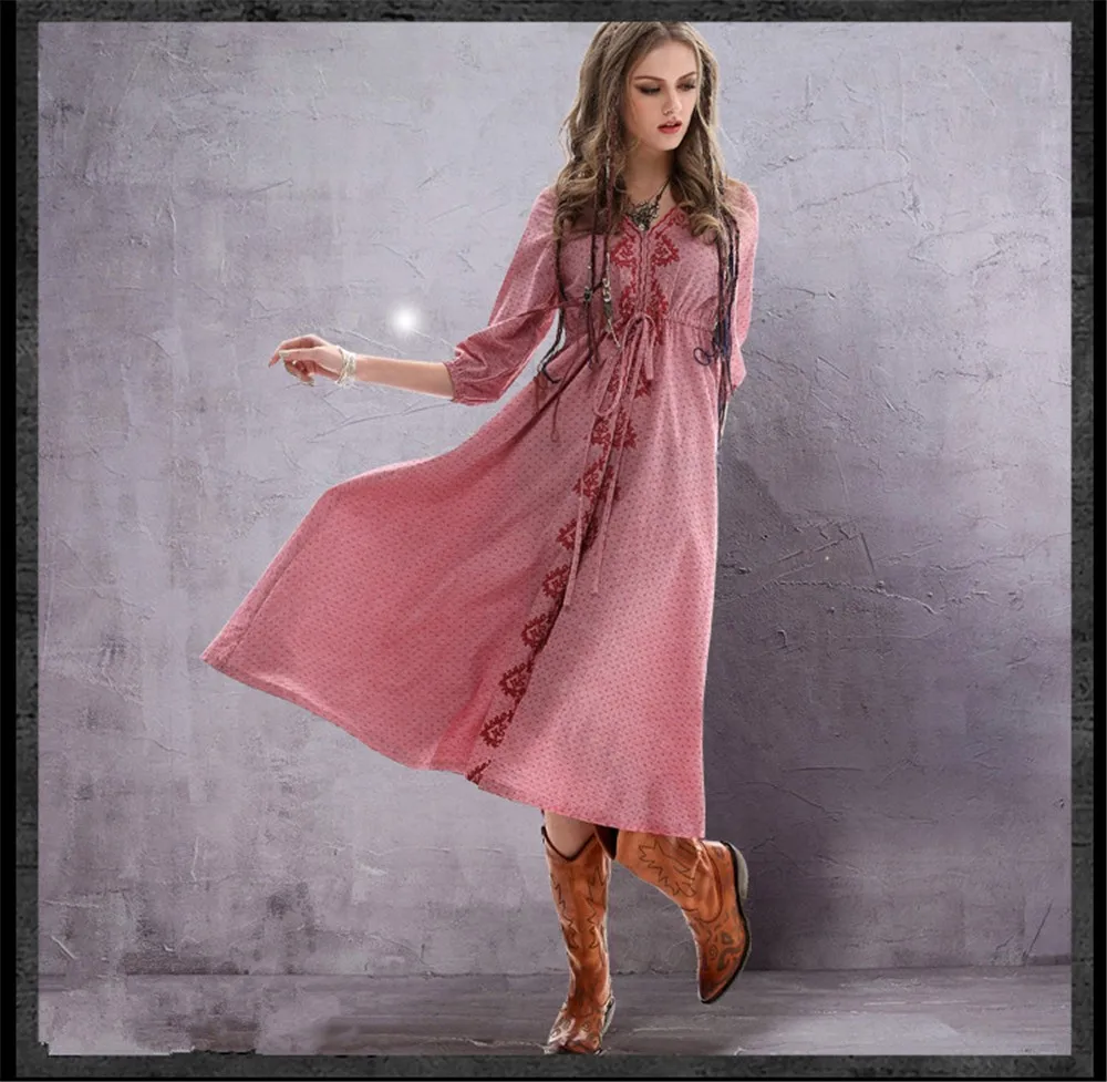 Vintage Elegant Women Dress Tunic Cotton Linen Dress Women V-Neck Flower Embroidery Dresses Vestidos Femininos Vintage Dresses (7)