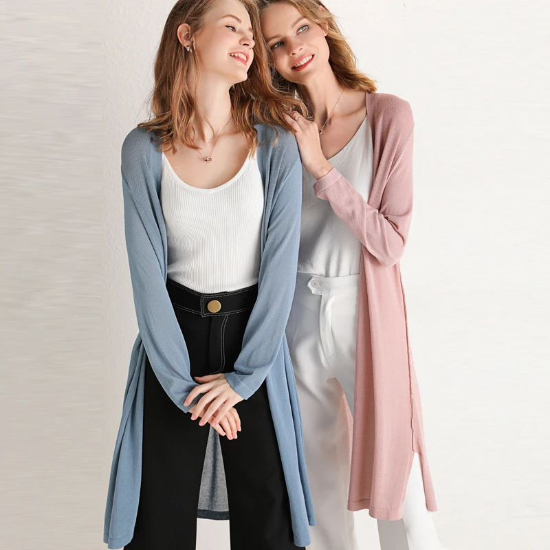 

High Qulity Women's Blouses Summer Ice Silk Thin Knit Long Cardigan Women Loose Blusas Female Long Sleeve Kimono Tops Female