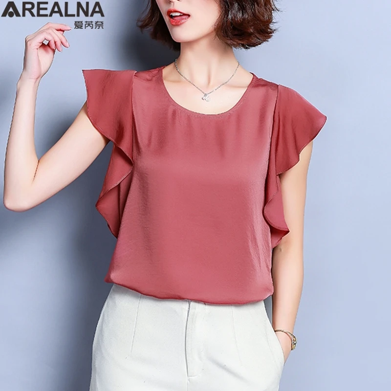 

blouses woman 2019 Summer Casual OL Silk ruffle Blouse Loose Basic Satin Shirts Work Wear plus size shirt Tops chemise femme