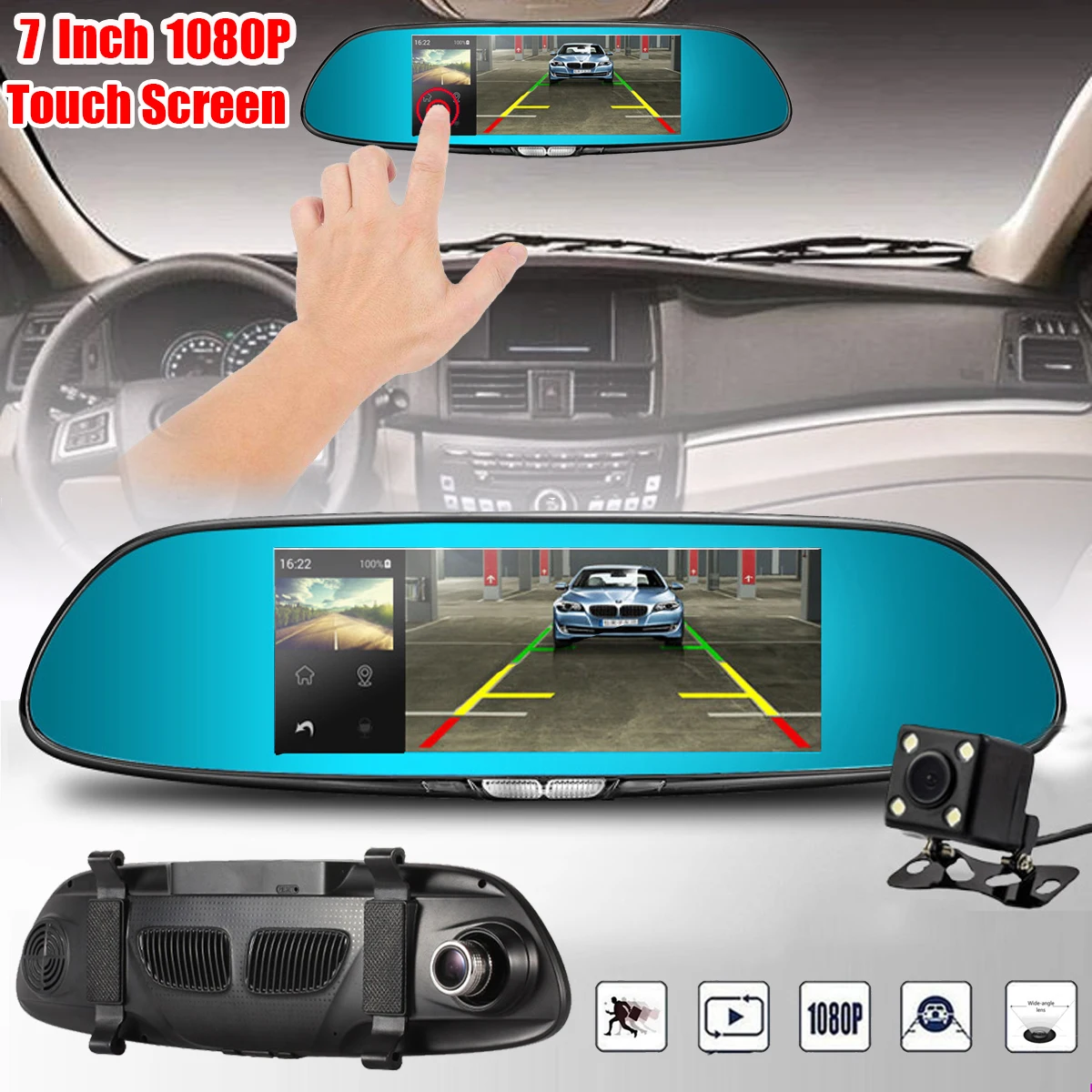 

FHD 1080P 7 Inch Dual Lens Rear View Mirror Dash Reversing 170 Degree Touchable Dash Camera Digital Video Recorde Camera Car DVR