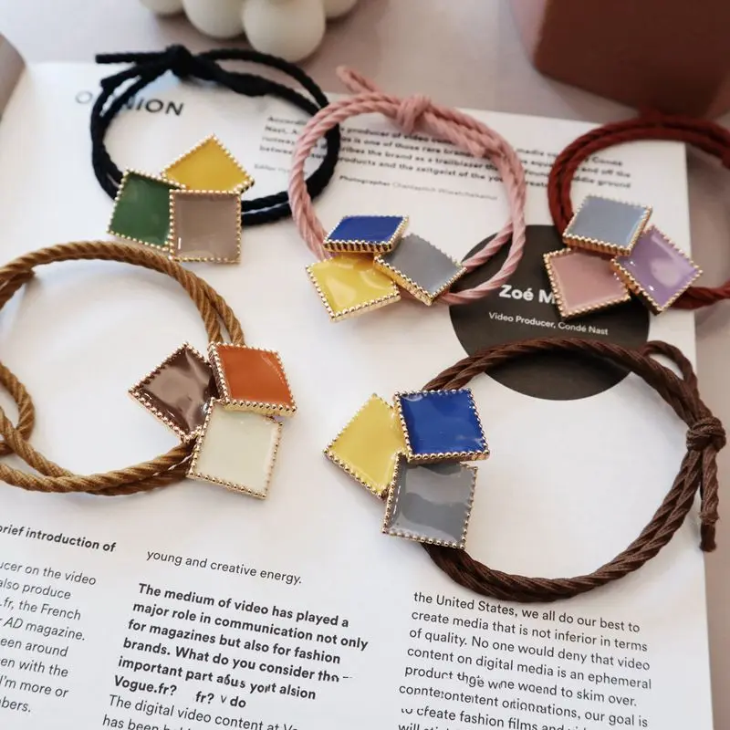 1pcs Macaron Color Acrylic Hair Bands Geometric Square Hit Color Enamel Hair ring Women Hair Accessories