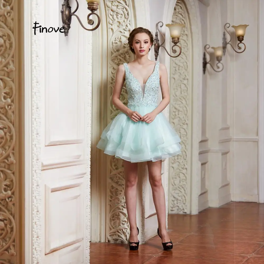 

Finove Light Green Cocktail Dress 2019 New Design Tulle With Beaded V-Neck Sexy Backless Party Dress Mini Short Dress For Girls