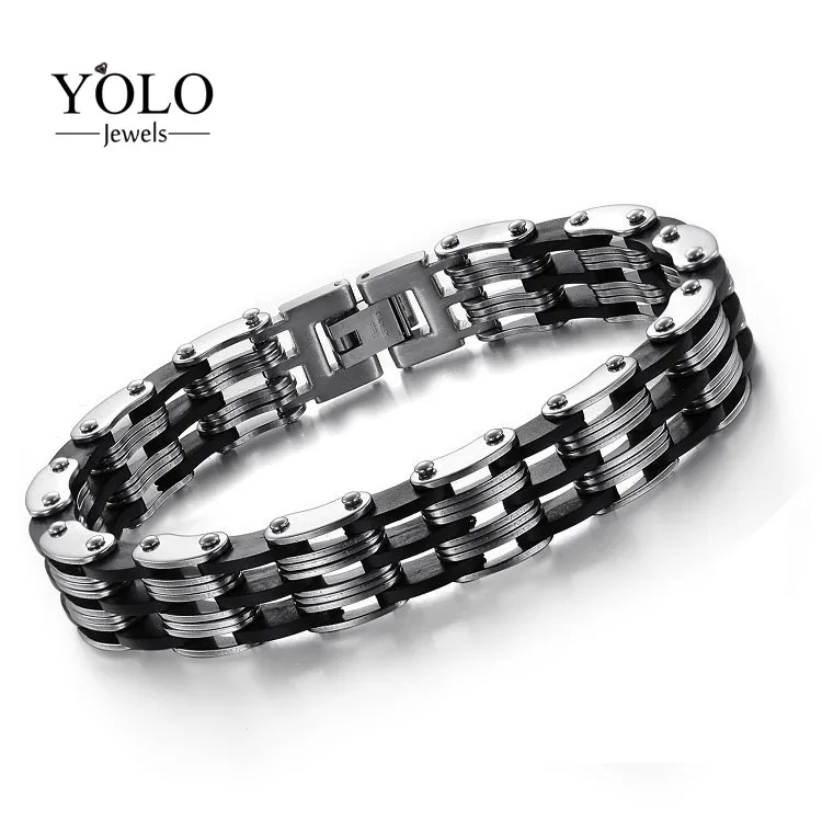 

Fashion Stainless Steel and Silicone Chain Link Bracelet for Men Black & Silver Bracelet Love Gift for Boyfriend YOLO Jewels