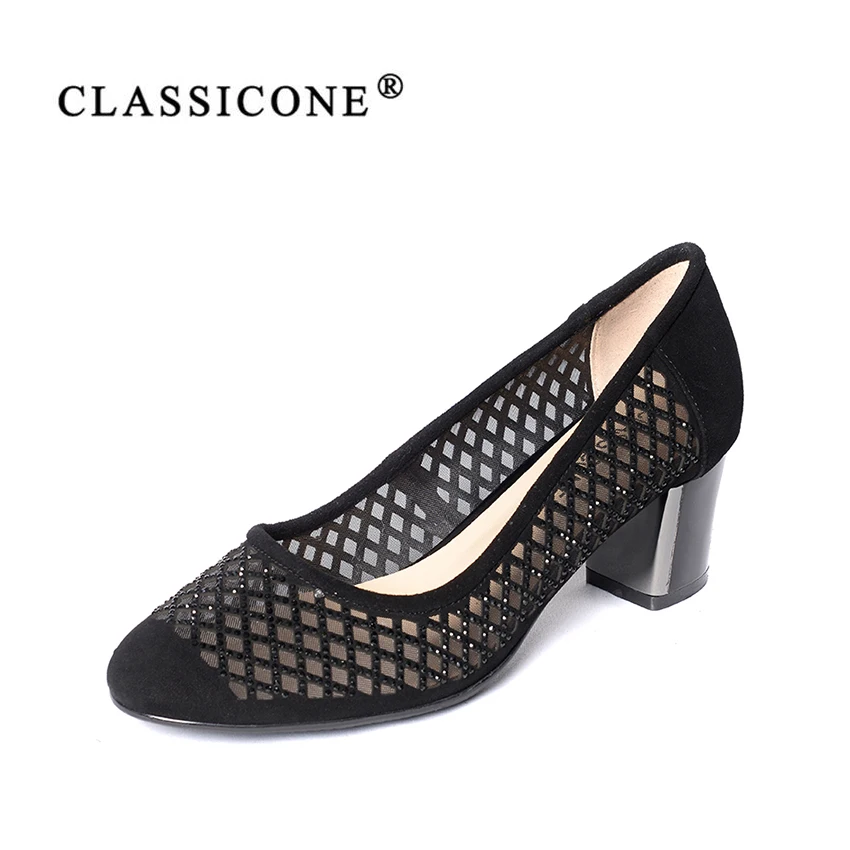 

women shoes spring autumn scoop woman high heel pumps genuine leather fashion black brand crystal decoration luxury CLASSICONE
