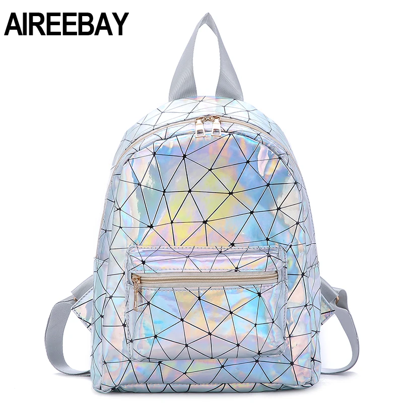 AIREEBAY, Женский мини рюкзак с лазером, новинка, модные геометрические школьные сумки для девочек-подростков, голографические кожаные рюкзаки