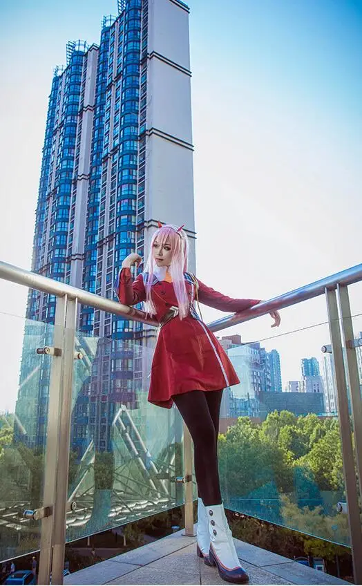 Аниме Darling In The Franxx Red Косплей Костюм 02 Косплей Zero Two Брендовое женское платье полный набор с париком шляпа плащ - Цвет: dress and wig