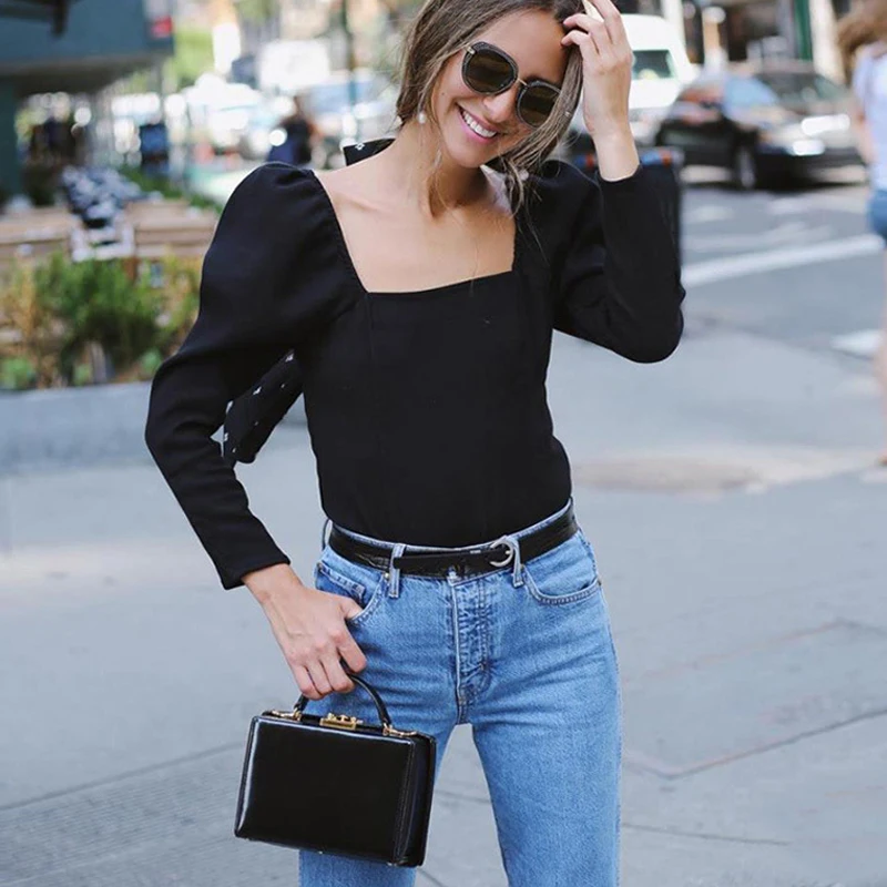 

2019 New Streetwear Long Sleeve Puff Sleeve Low Back Top Casual Slim Fit Square Neck Tops Knitted Crop Top Women