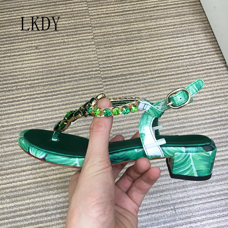 

2019 LKDY women Silk stitching leather inlaid natural diamond garden sandals high heel beach slippers 4.0cm