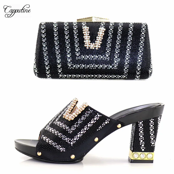 Most fashion black high heel pump and bag set latest shoes matching with bag set with shinning stones 227-1 heel height 9.5cm Most fashion black high heel pump and bag set latest shoes matching with bag set with shinning stones 227-1 heel height 9.5cm